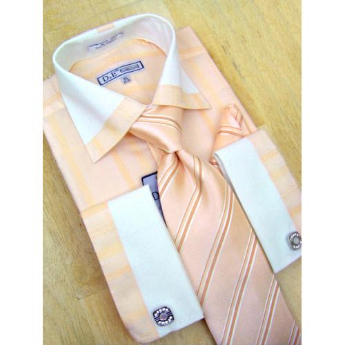 D&E Peach/Cream Stripes Shirt/Tie/Hanky Set DS1608